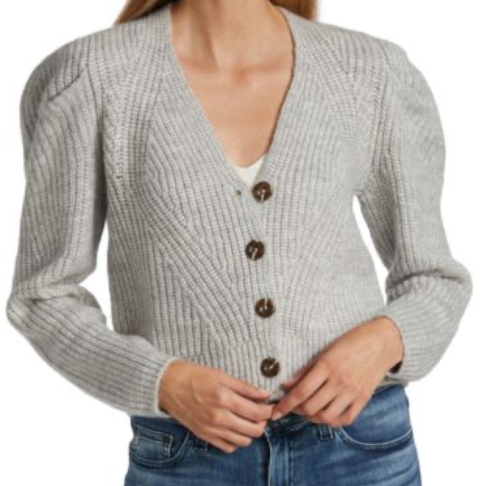 Design History Rib-Knit Puff-Sleeve Grey Cardigan